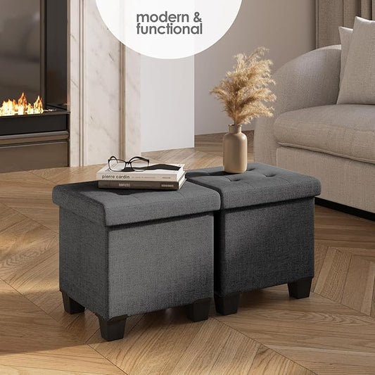 STORAGEBUD Storage Ottoman Cube with Small Bin, 16-in Square Ottoman with Storage for Living Room and Bedroom, Small Ottomans Foot Rest, Fabric Foot Stools Ottomans Max 330lbs, Grey