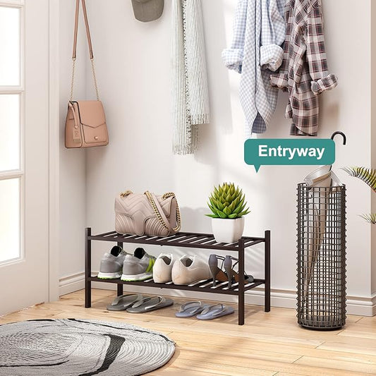 2-Tier Shoe Rack for Entryway, Bamboo Shoe Rack for Closet, Free Standing Shoe Racks for Indoor Outdoor, Stackable Shoe Shelf Storage Organizer for Hallway Closet