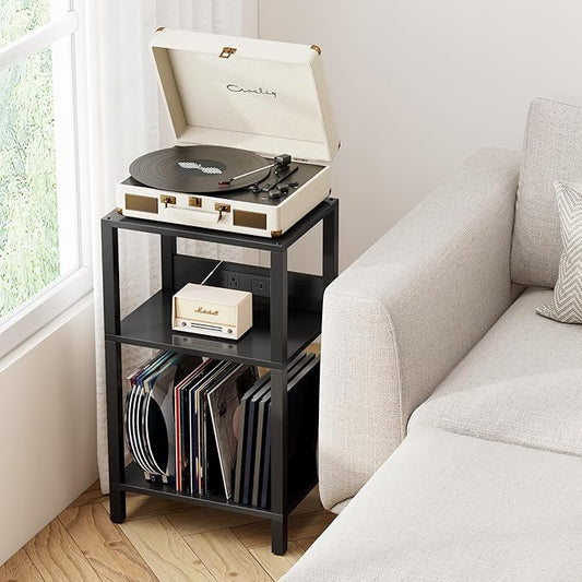 TUTOTAK Record Player Stand with Storage Up to 100 Albums,Record Storage Table,3 Tier End Table with Charging Station,Side Table for Living Room, Bedroom, Black TB01BK076