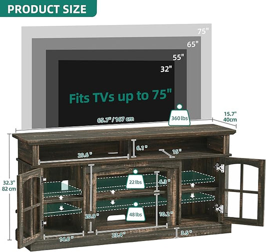 YITAHOME LED Farmhouse TV Stand for 75 Inch w/Outlets, Modern Entertainment Center with Glass Doors and Adjustable Storage Shelves, Media Console TV Cabinet for for Living Room, Dark Rustic Oak
