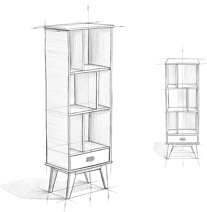 SIMPLIHOME Draper 22 inch Mid-Century Modern 6 Cubbie Bookcase with Drawer (Set of 2) in Teak Brown for The Living Room, Study Room and Office