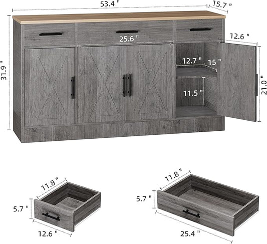 Shintenchi Sideboard Buffet Cabinet with Storage,53.4" Large Kitchen Buffet Storage Cabinet with 3 Drawers and 4 Doors,Wood Farmhouse Sideboard with Adjustable Shelf for Kitchen, Living Room,Grey