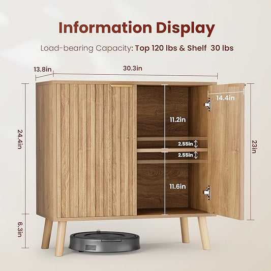 Pamapic Fluted Storage Cabinet, Sideboard Buffet Cabinet with Storage, Wood Credenza with Adjustable Shelves, Modern Accent Cabinet for Living Room, Kitchen, Entryway, Natural(2, Oak)