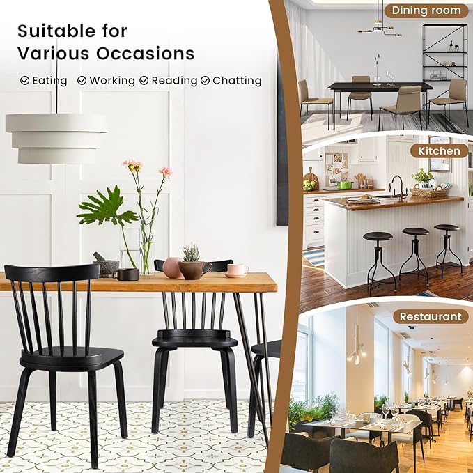 Unovivy Wood Dining Chairs Set of 2, Windsor Farmhouse Spindle Back, Widen Seat, Modern Mid-Century Country Style, for Living Room Restaurant, Black