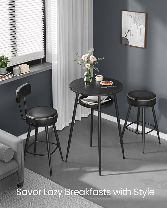 VASAGLE EKHO Collection - Bar Table with Storage, Round High Pub Table, Synthetic Leather with Stitching, Mid-Century Modern, Kitchen Home Bar, Living Room, Easy Assembly, Ebony Black and Ink Black
