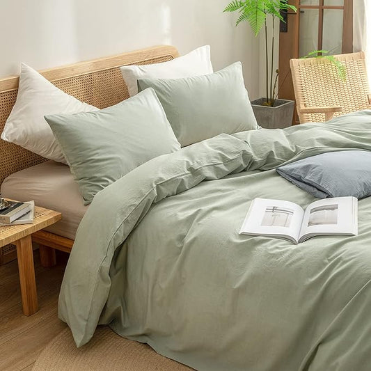 BESTOUCH Duvet Cover Set 100% Washed Cotton Linen Feel Super Soft Comfortable Chic Lightweight 3 PCs Home Bedding Set Solid Sage Green Super King Plus