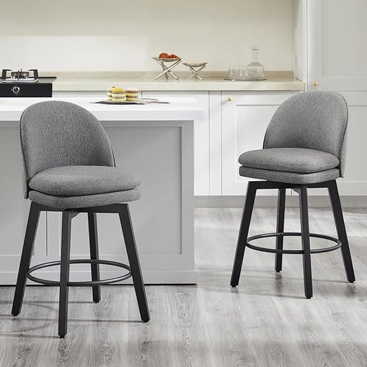 Counter Height Barstools 26 inch Upholstered Swivel Bar Stools with Back and Wood Legs for Kitchen Island,Set of 4,Dark Grey Fabric-Armless