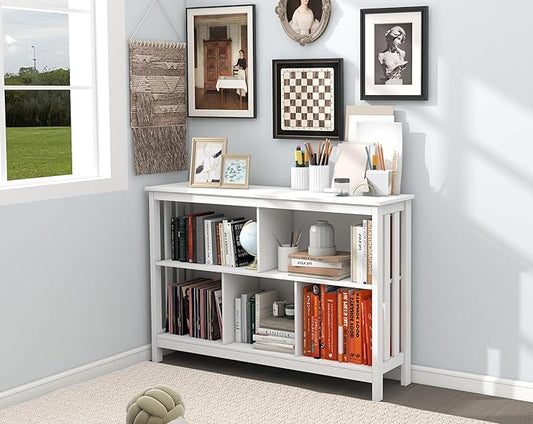 TaoHFE Horizontal Bookshelf - Modern Minimalist 2-Tier Book Shelf with Storage, Short Wide Wood Bookshelf for Classroom, Office, Living Room or Study, White