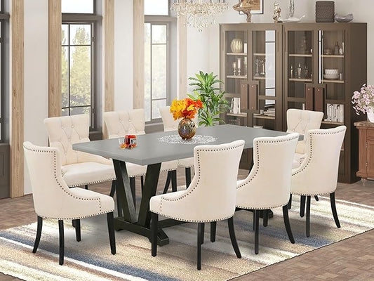 East West Furniture V697FR102-9 9 Piece Dining Room Set Includes a Rectangle Kitchen Table with V-Legs and 8 Light Beige Linen Fabric Upholstered Parson Chairs, 40x72 Inch, Multi-Color