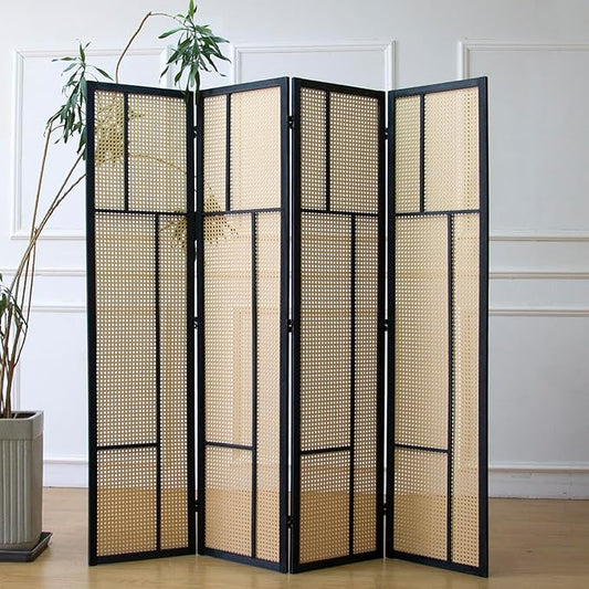 4 Panel Room Divider Screen and Folding Panel Screen,Double Sided Rattan Divider for Room Separation,Brown,67" H x 63" W