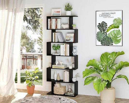 Yusong Bookshelf 6-Tier, Geometric Bookcase S Shaped Book Shelves for Bedroom, Modern Wood Decorative Display Shelf Tall Book Case for Home Office, Black