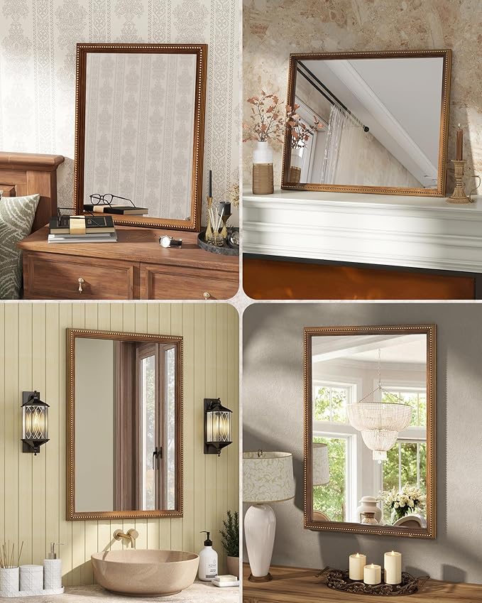 Axeman 22x30 Wood Wall Mirror, Rustic Bathroom Mirror, Vintage Wall Mounted Mirror Tempered Glass with Beaded Wooden Frame for Farmhouse Living Room Vanity Bedroom Entryway, Bronze