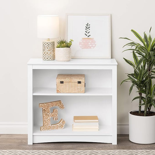Prepac Sonoma 2-Tier Bookcase 29"H with 1 Adjustable Shelf, White Storage Cabinet, Modern Display Cabinet, Bookshelf with Storage Shelves for Home Office, Living Room, Bedroom Organizer