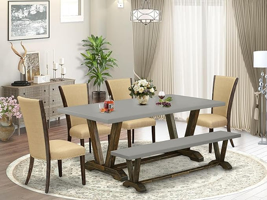East West Furniture V797VE703-6 6 Piece Dining Table Set Contains a Rectangle Dining Room Table with V-Legs and 4 Brown Linen Fabric Parson Chairs with a Bench, 40x72 Inch, Multi-Color