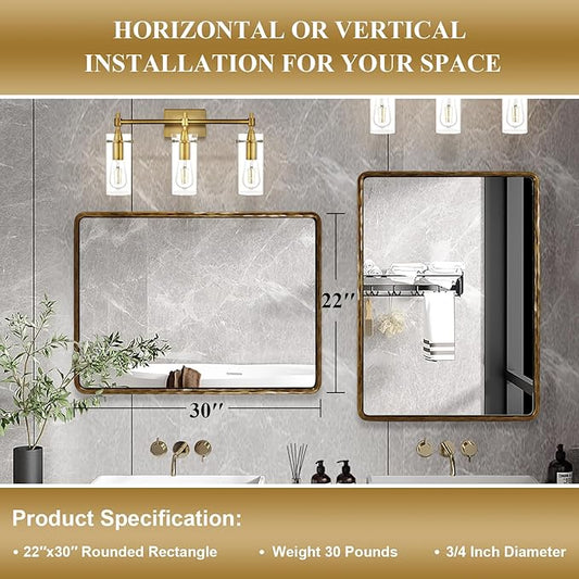 ANDY STAR Hand-Forged Gold Bathroom Mirrors for Wall, 22x30 Inch Vintage Solid Steel Metal Frame Bathroom Vanity Mirror, Antique Rounded Rectangle Wall Mirror, Hangs Horizontally or Vertically