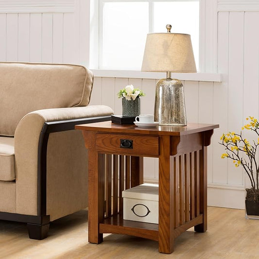Leick Home Mission Impeccable End Table, Solid Wood Accent Table with Drawer & Shelf, Medium Oak Finish, Craftsman Style, 22 in L x 25 in D x 23 in H, 8207