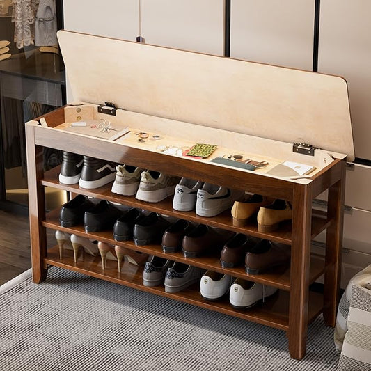 Shoe Storage Bench for Entryway - 4 Tier Shoe Rack for Front Door Entrance, Rubberwood Shoes Rack Height Adjustable, Entryway Bench with Shoes Storage for Any Room (Walnut, 39.4" W)