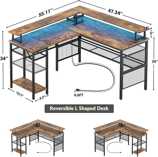 Unikito L Shaped Desk with LED Light and Power Outlet, Reversible Corner Computer Table with Monitor Stand and Storage Shelf, Modern L- Shaped Gaming Desk, Ergonomic Home Office Desk, Rustic Brown