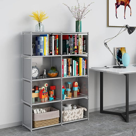 JIUYOTREE 5-Tiers Closet Storage Organizer with Fabric Cloth at Back,Double Row Modular Cubes Bookshelf,Living Room,Study Room,Bedroom,Grey