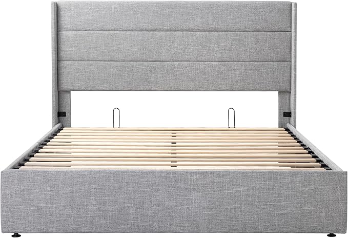 SHA CERLIN Full Size Lift Up Storage Bed/Modern Wingback Headboard/Upholstered Platform Bed Frame/Hydraulic Storage/No Box Spring Needed/Wood Slats Support/Light Grey
