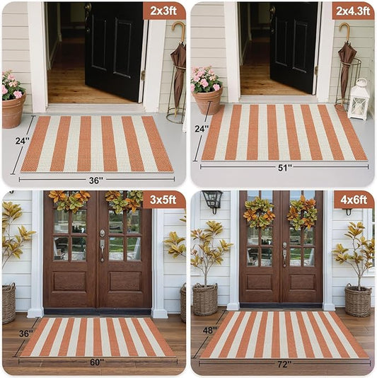 OJIA Fall Front Door Mat 24"x36" Cotton Woven Washable Striped Porch Rug Indoor Halloween Doormat Small Outdoor Rugs Farmhouse Entry Rug Kitchen Throw Rugs for Layered Door Mats (Orange/White/Tan)