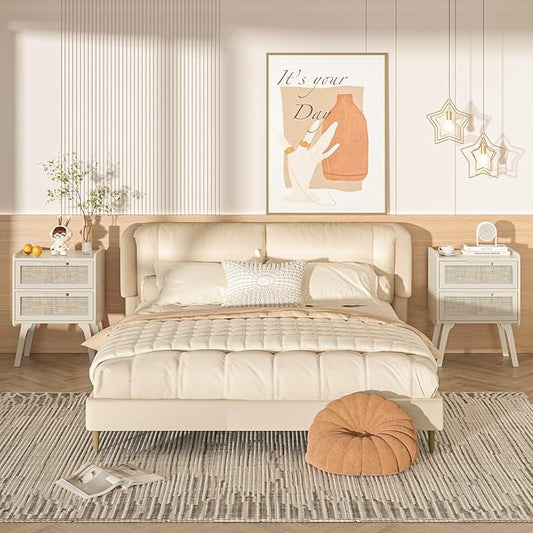 Lerliuo Rattan Nightstands Set of 2, Boho Night Stand with 2 Drawers, Cane Accent Side End Table, Bedside Table with Solid Wood Legs for Bedroom, Dorm and Small Spaces (Grey Oak)