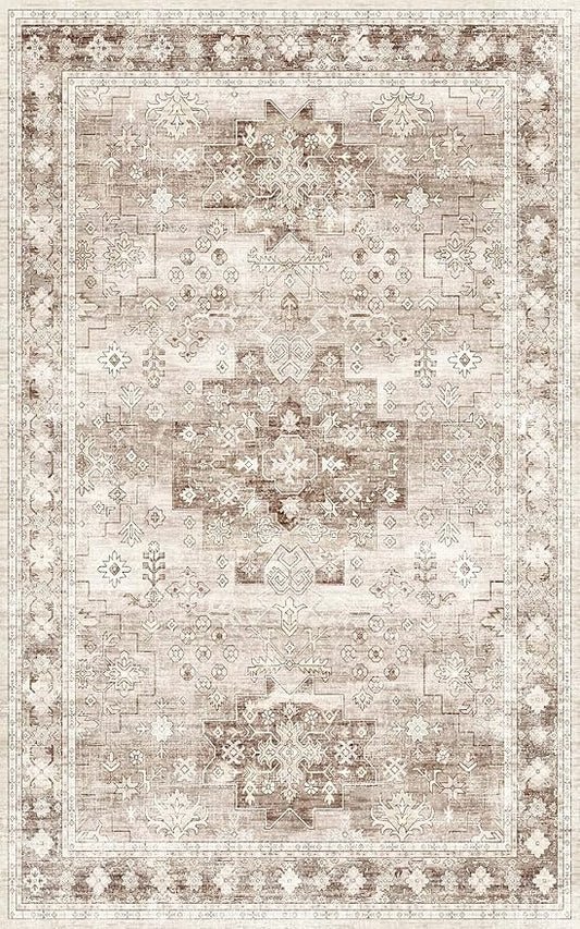 Washable Neutral Farmhouse Living Room Rug, 5x8 Area Rugs for Bedroom Under Bed, Nursery Room, Boho Vintage Floral Non-Slip Rug Low Pile Stain Resistant (5x8 Beige/Latte)