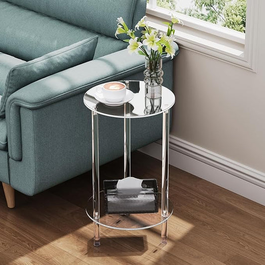 Clear Round Acrylic Side Table for Small Spaces, 11.81" L x 11.81" W x 19.82" H, 2 Tier Small Modern Drink End Table Nightstand, Minimalist Bedside Table for Living Room, Bedroom, Bathroom
