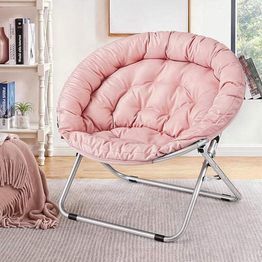 MoNiBloom Round Folding Saucer Chair for Bedroom Living Room Dorm Foldable Metal Frame Comfy Soft Lounge Lazy Cozy Moon Chair for Teens (Pink)