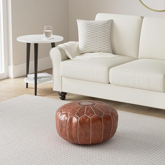 Marrakesh Gallery Genuine Leather Round Pouf Cover - Handmade Moroccan Ottoman Footstool, Unstuffed Footrest - Boho Decor - Bohemian Living Room, Bedroom, Kids Room - Housewarming Gift & Wedding