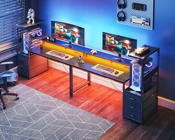 AODK 59 Inch Gaming Desk with USB Charging Ports & LED Light- Reversible Computer Desk with Storage Shelves & Monitor Stand, Modern Gamer Desk Table with Fabric Drawers & Side Hook, Carbon Fiber Black