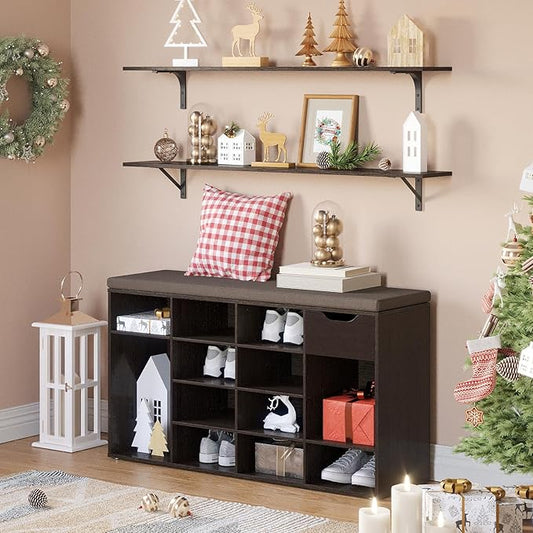 DINZI LVJ Shoe Bench, Entryway Storage Bench with Drawer and 15 Cubbies, Cubby Shoe Rack with Adjustable Shelves, Shoe Organizer Cabinet for Living Room, Bedroom, Mudroom, Closet and Garage, Espresso