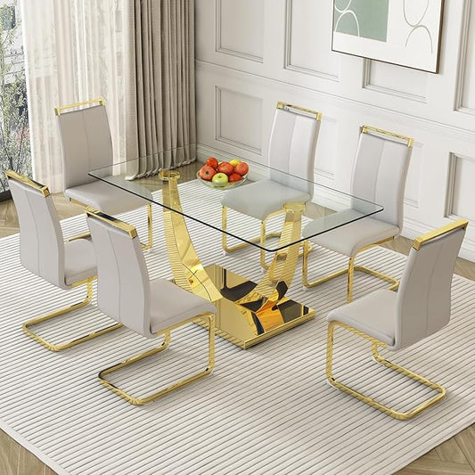 Modern Dining Chairs Set of 6,High Back Light Grey Kitchen Chairs,Faux Leather Side Chair with Gold Plated Metal Legs,Easy to Clean Upholstered Dining Chairs,Ideal for Living Room