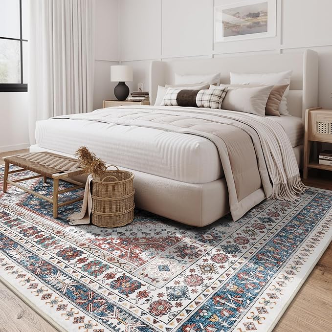zesthome 8x10 Area Rugs for Living Room,Non-Slip Backing Washable Rugs,Vintage Large Area Rug,Stain Resistant Home Decor Rug (Navy Blue/Red,8'x10')