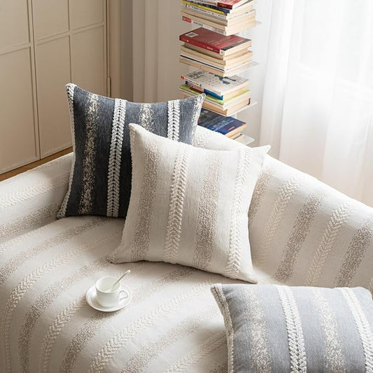 Pack of 1 Decorative Throw Pillow Covers 12x20 Inch, Pillow Cases for Living Room Couch Bedroom Farmhouse Home Decor, Soft Stripe Chenille Cushion Covers for Sofa Beige,12''x20''