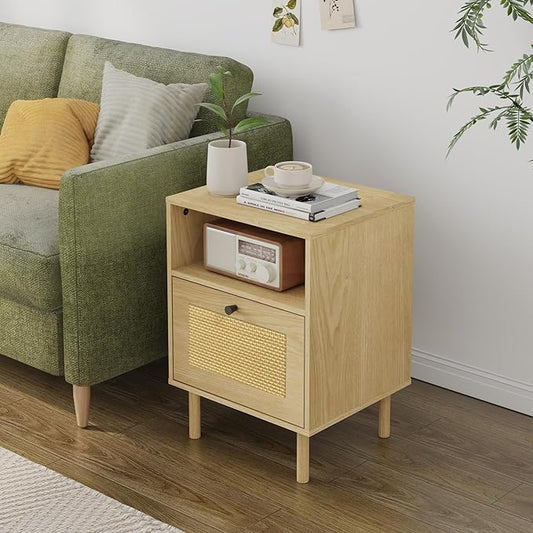 Rattan Nightstand with Storage Boho Modern Farmhouse Bedside Table with Drawer & Open Shelf Light Wood End Table for Bedroom, Living Room, Office, Dorm - Natural Walnut 0ak Color