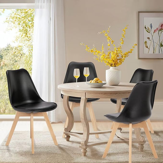 OLIXIS Dining Chairs Set of 4 Mid-Century Modern Dinning Chairs, Living Room Bedroom Outdoor Lounge Chair PU Leather Cushion and Wood Legs, Black
