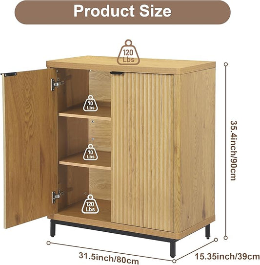 Buffet Cabinet with Storage Accent Sideboard Modern Credenza with 2 Doors & 3 Shelves Fluted Media Console for Living Room Kitchen Dining Room Hallway (Natural Oak)