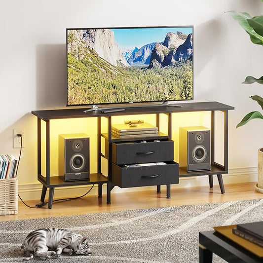 Small TV Stand with Fabric Drawers/LED Light for 55 inch TV, Entertainment Center with Storage Open Shelves,Media Console Table for Living Room, Bedroom, Black