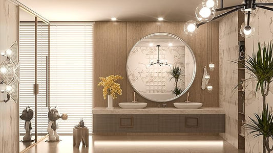 TokeShimi Round Mirror 36 Inch Brushed Silver Round Bathroom Mirror for Wall Non-Rusting Aluminum Alloy Brushed Silver Matte Metal Frame Modern Circle Mirror Fit in Minimalist Multi Style for Decor