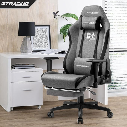 GTRACING Gaming Chair with Footrest, Fabric Breathable Big and Tall Ergonomic Computer Chair 350 lbs with Adjustable Lumbar Support and Recliner,High Back Game Chair for Office Gaming, Grey