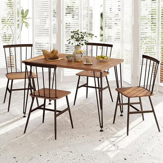 Tangkula Dining Table Set for 4, Kitchen Table and Chairs Set of 4 w/Metal Frame, 360° Swivel Feet, Space-Saving Dinette Table Set for Living Room, Restaurant, Breakfast Nook (Teak)