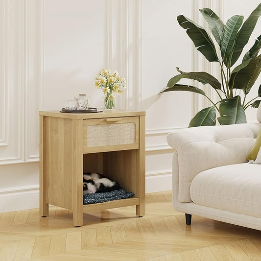 Rattan Nightstand, Farmhouse Bedside Table with Opening Storage,Large Side Table with Drawer,Boho Night Stand,Wooden End Table,Handmade Solid Wood Handle,Natural CTG65Y