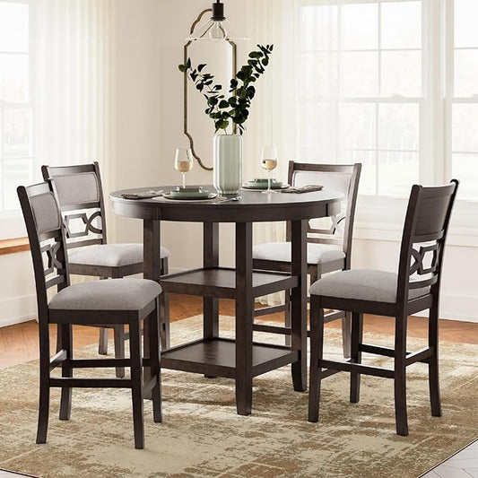 Signature Design by Ashley Langwest Transitional Diamond Patterned Counter Height Dining Table and 4 Upholstered Bar Stools, Set of 5, Dark Brown & Beige
