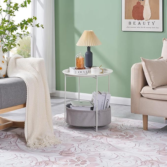 VECELO Round Side/End Table with Fabric Storage Basket,Metal Anti-Rust and Waterproof Small Bedside Nightstand with Removable Tray Top for Living Room,Balcony & Laundry,Beige/2pcs with Basket