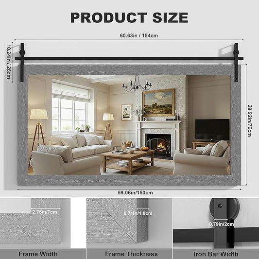 Hasipu Farmhouse Bathroom Mirror, 60"x30" Rustic Wood Framed Wall Mounted Mirror, Gray Vintage Vanity Mirror Barn Door Style Decrative Mirrors