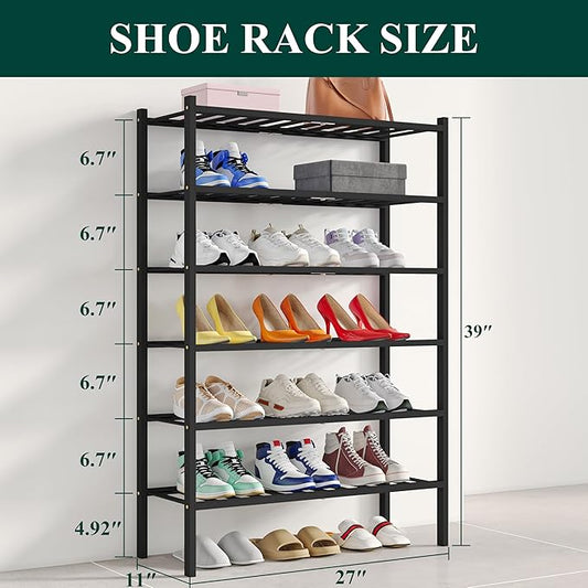 Smiry Shoe Rack, 6 Tier Bamboo Shoe Organizer, Stackable Free Standing Wooden Shoe Storage Shelf for Closet, Entryway, Front Door Entrance, Black