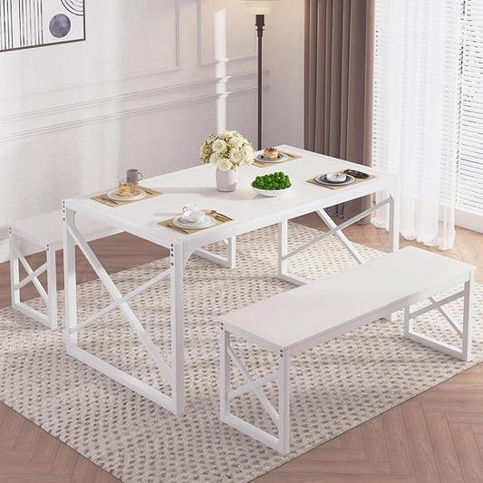 VECELO Kitchen Dining Table Set for 4 to 6, 55" Wood Dinette 2 Benches with Metal Frame for Dinner Breakfast Nook and Small Space, White