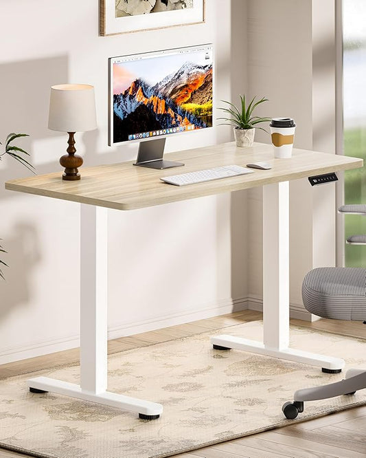 Okin Standing Desk Electric Adjustable Computer Desks, Whole Piece Stand up Desk Office Gaming Home Office Memory Desks 48x24 inches Cream Pecans