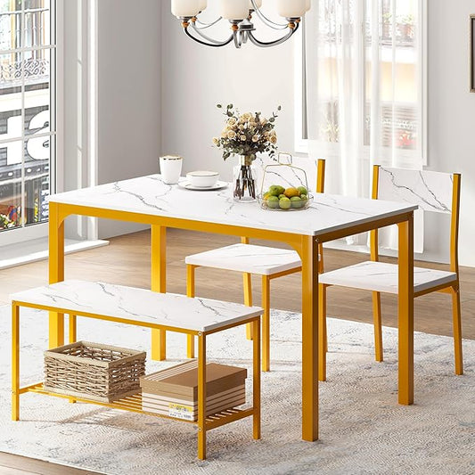 sogesfurniture 4-Piece Bench Style Dining Table Set, 4-Person Space-Saving Dinette for Kitchen,43'' Wood Kitchen Table & Chair Set for Breakfast Nook and Small Space, Glod&White